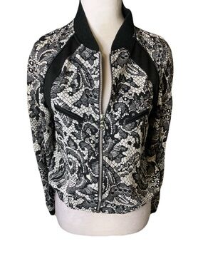 Patrick Guetta Women’s 2/Small Black White Lace Print Zip Cropped Bomber Jacket